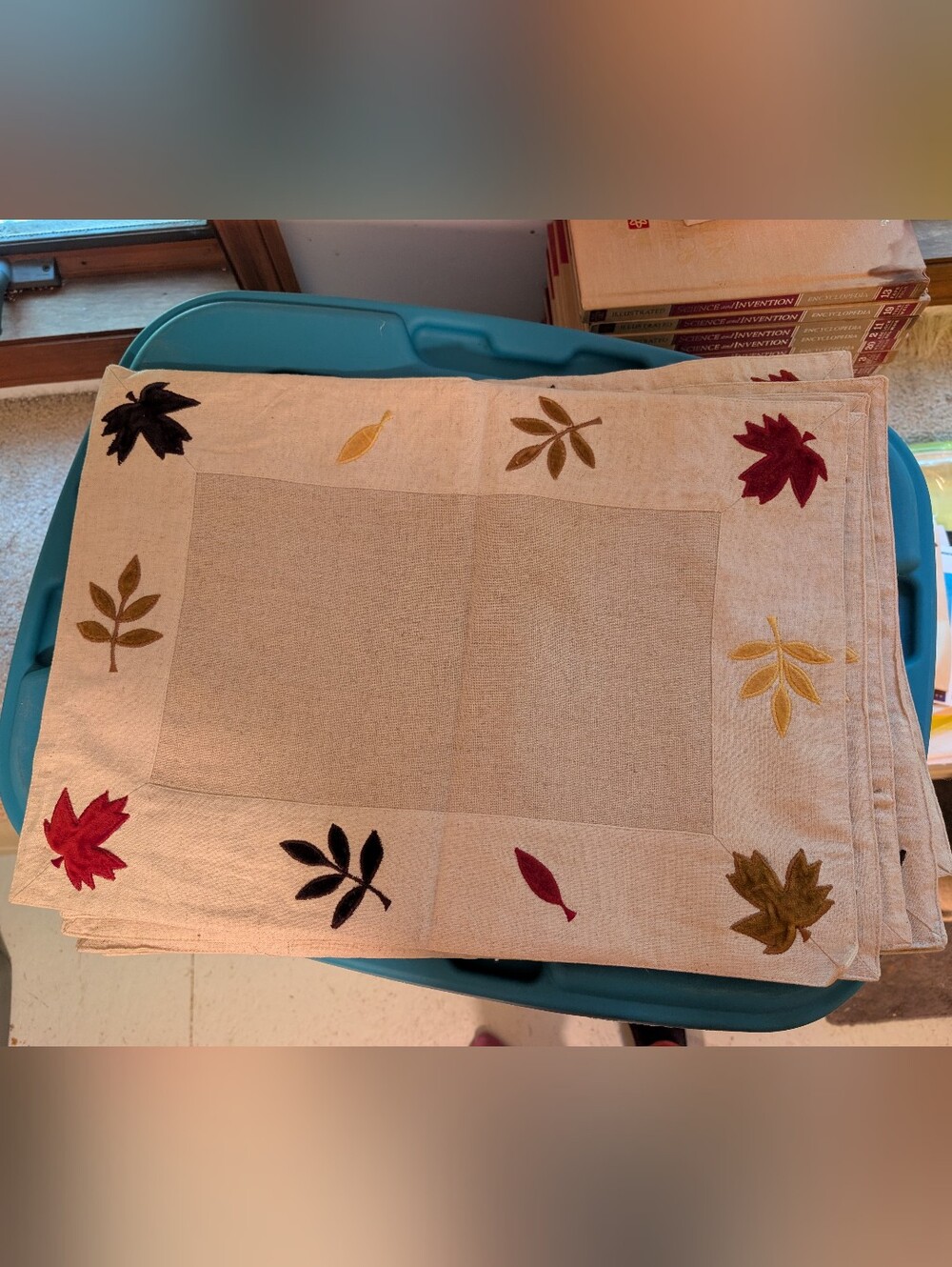 Vintage Pottery Barn Fall Leaf Linen Tablecloth & 6 Placemats Set c. 1999